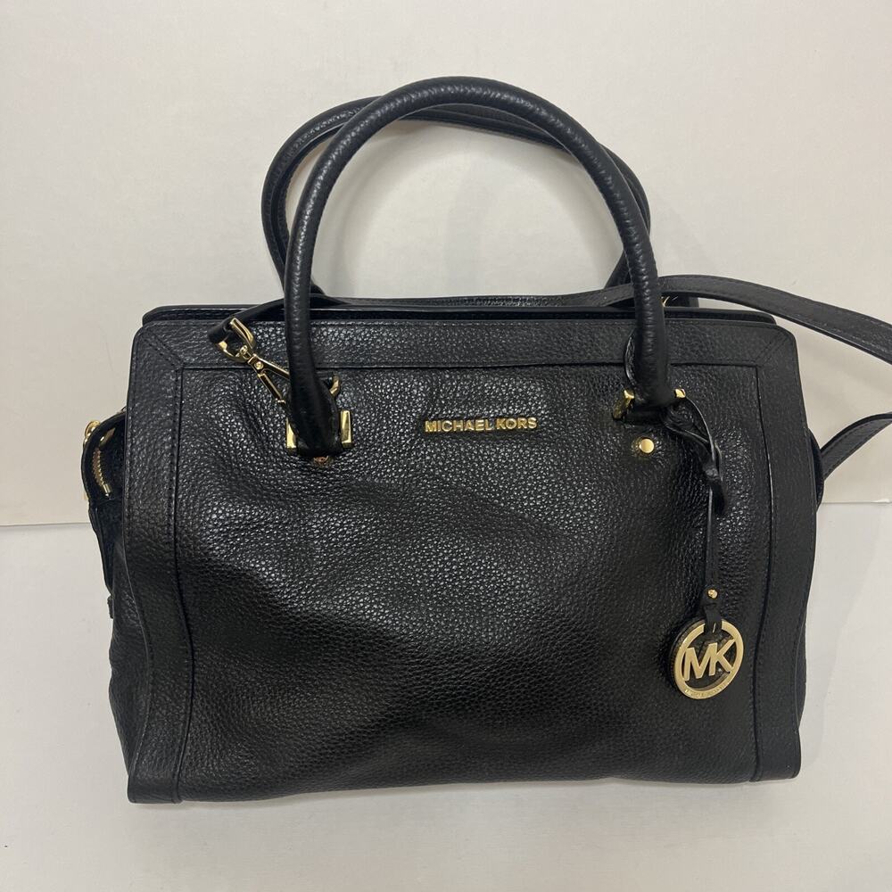 Michael Kors Collins Medium Large Black Leather Gold Tone Accent Satchel Handbag